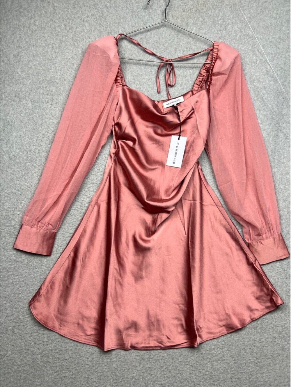 WEWOREWHAT Silky Satin Cowl Neck Mini Dress Womens 0 Puff Sleeve Barbiecore